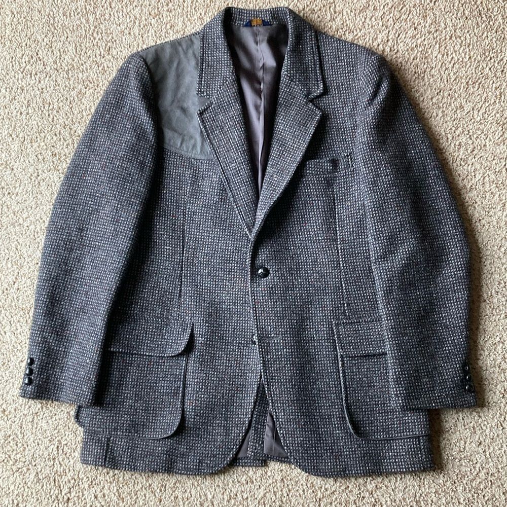 Vtg Pendleton Men’s Gray Multi-Color Fleck Tweed Wool Blazer Jacket Suede Trim